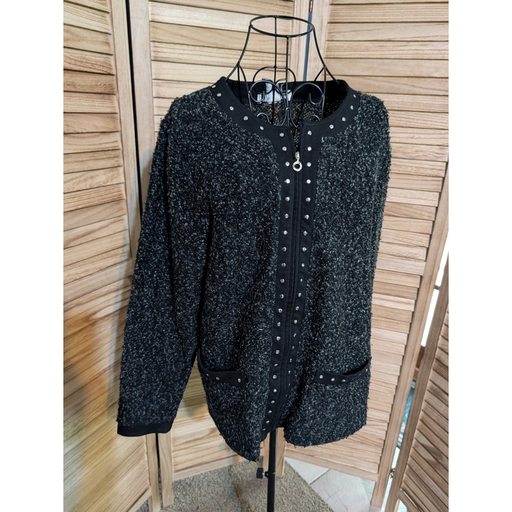 Cathy Daniels Women Zip Up Cardigan Lt Jacket Black Grey Boucle Large Marled